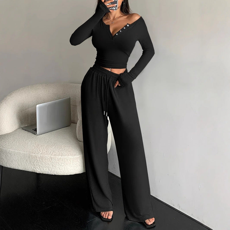 Pantalon pour femmes à manches longues avec boutons et col en V