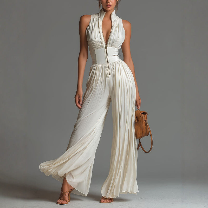 Combinaison pour femmes plissée à col halter et jambes larges