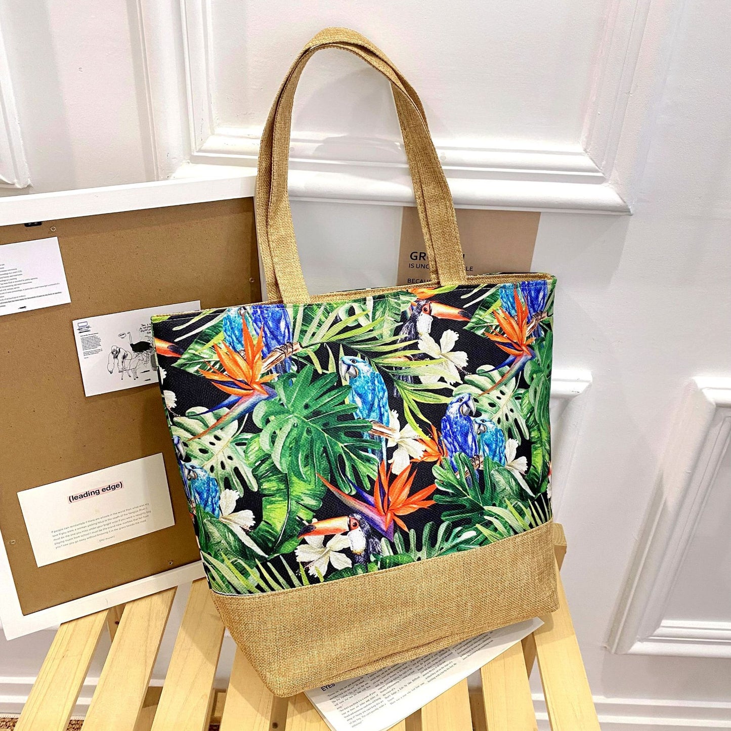 Sac fourre-tout artistique en coton et lin avec fermeture éclair