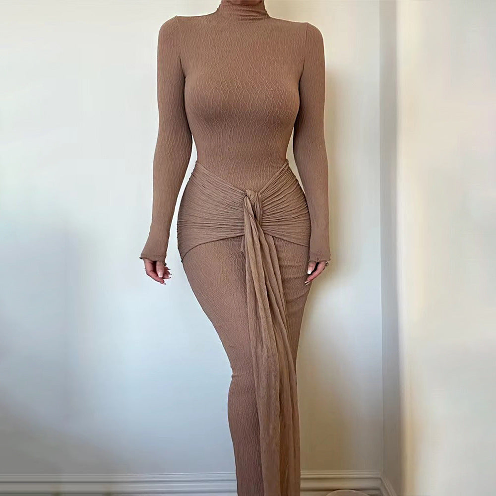 Robe longue ajustée plissée, unie, à manches longues, tendance et sexy