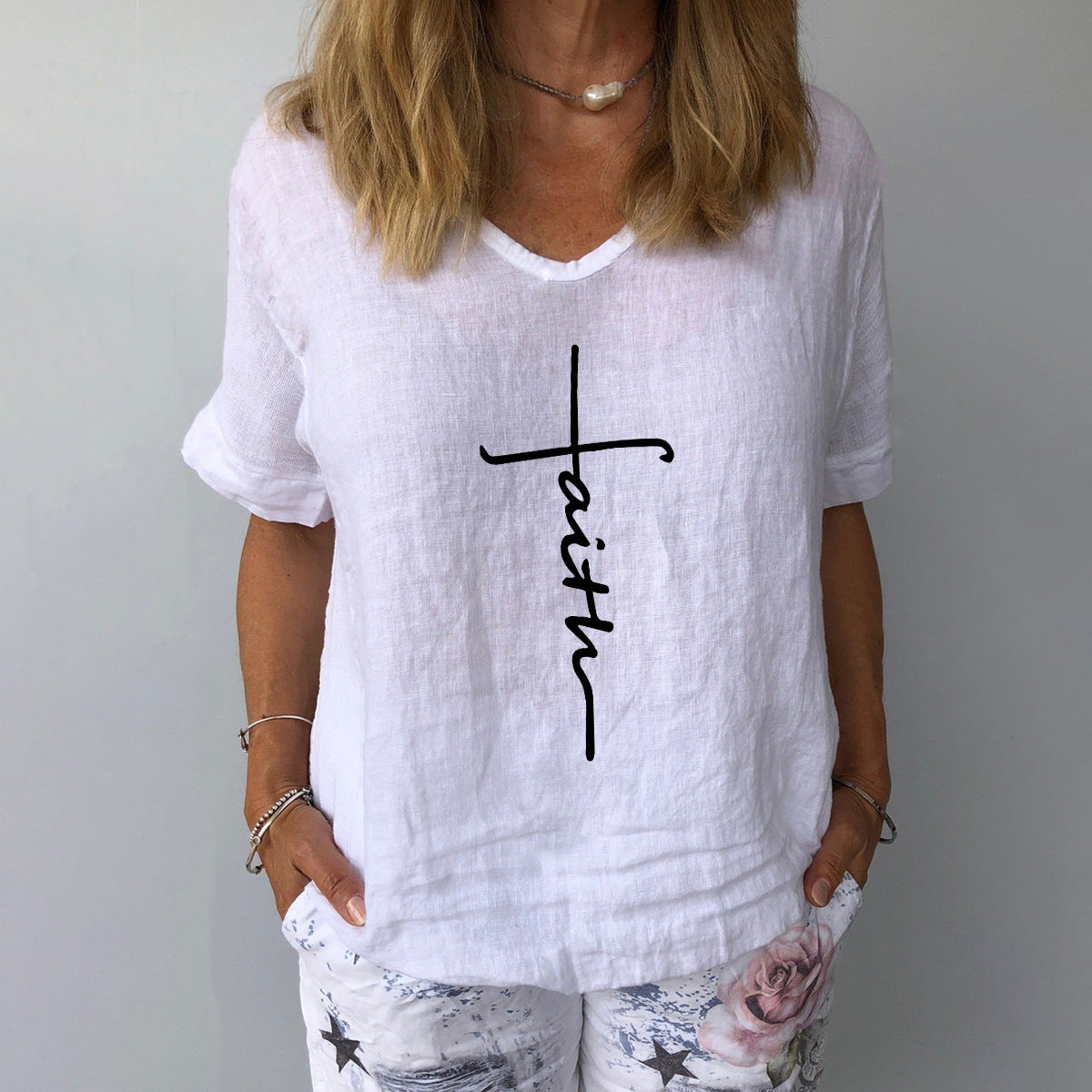 Chemise courte à manches en coton et lin imprimé