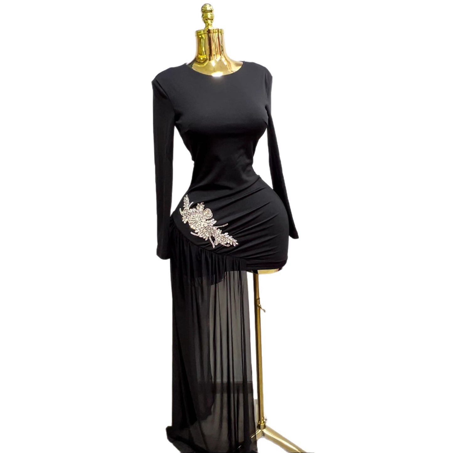 Habit :Robe à manches longues moulante ornée de strass pour femme