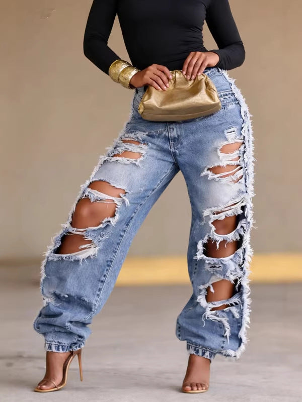 Pantalon en jean large déchiré taille haute