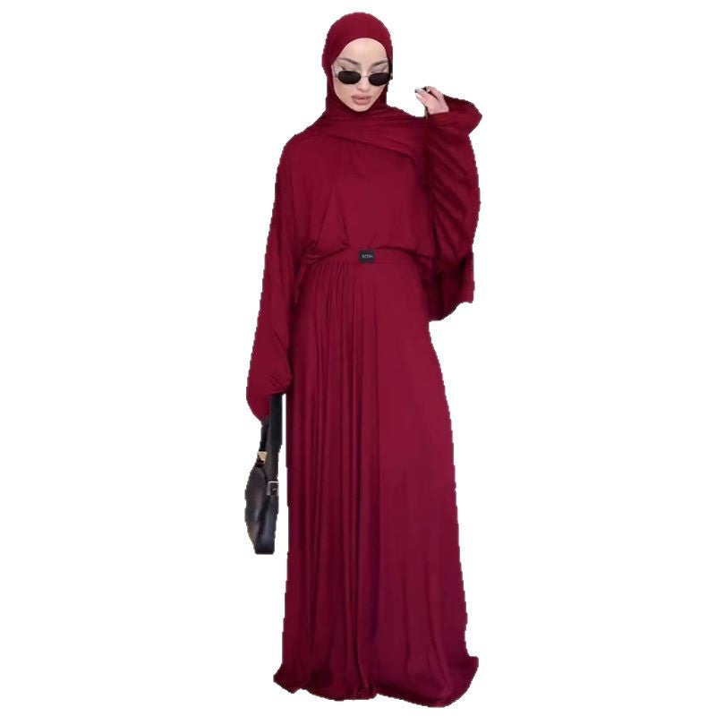 Ensemble de robe à manches longues plissée de couleur unie