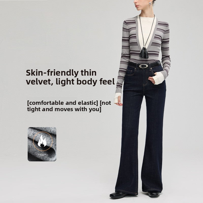 Jean bootcut en denim doublé en polaire, pantalon stretch taille haute
