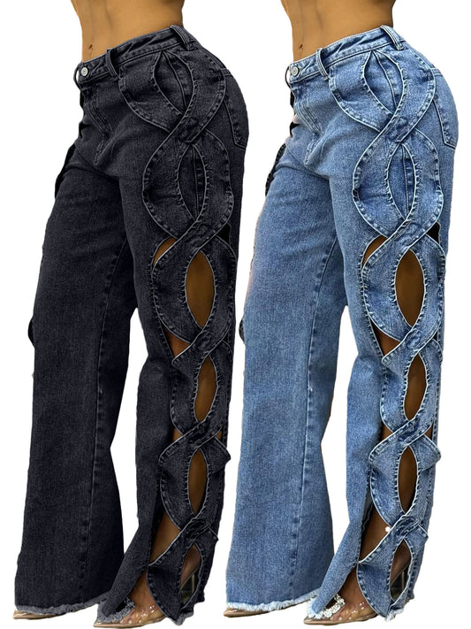 Pantalon en jean à patchwork pour femmes avec découpes