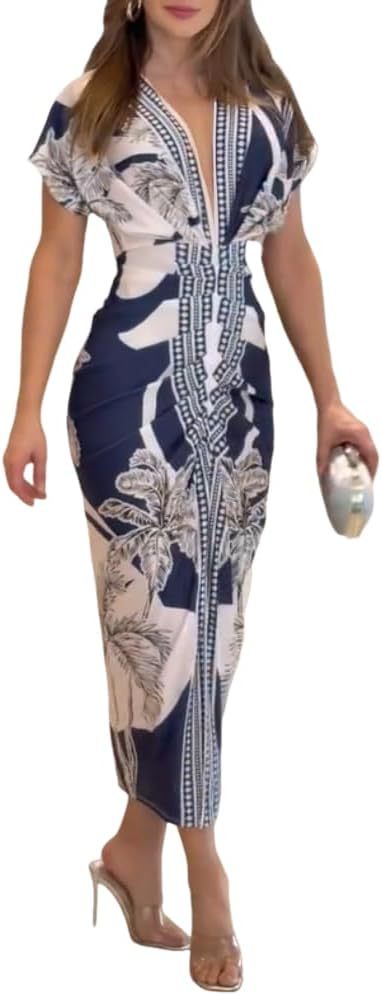 Robe imprimee a col en V et fente pour femme