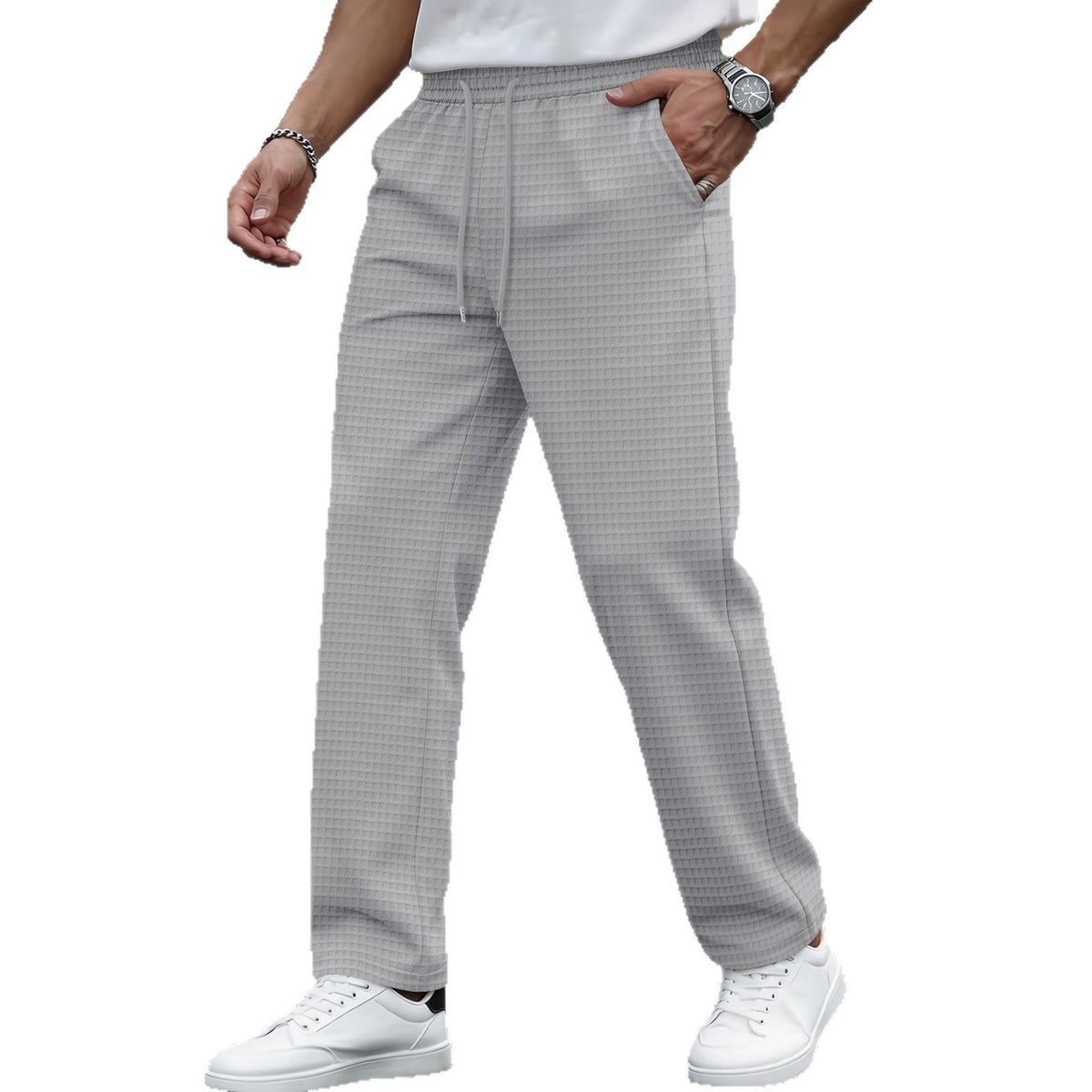 Nouveau pantalon décontracté pour homme à grands carreaux et cordon de serrage ; pantalon léger, respirant et confortable, à coupe droite et poches.
