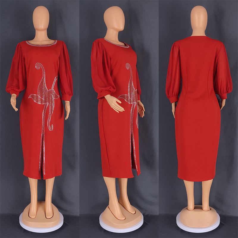 Robe à col rond et manches en résille