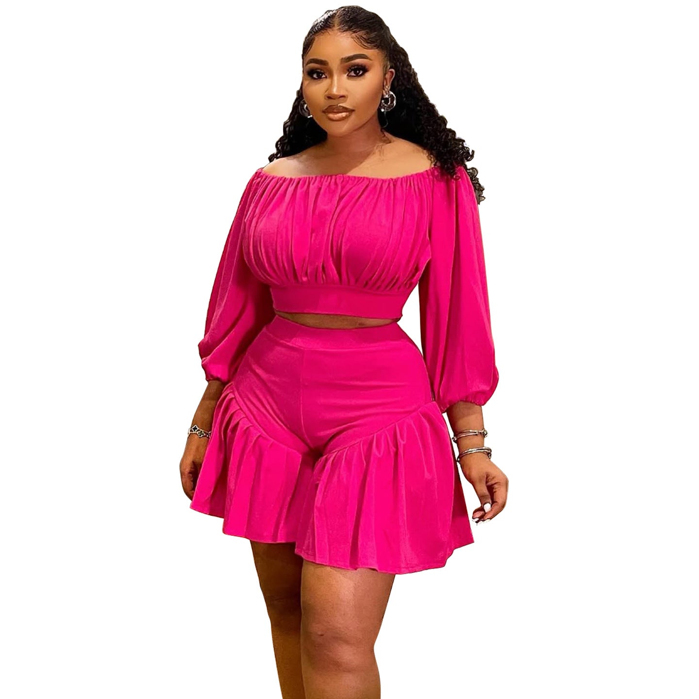 Ensemble pour femmes grande taille à épaules dénudées plissé