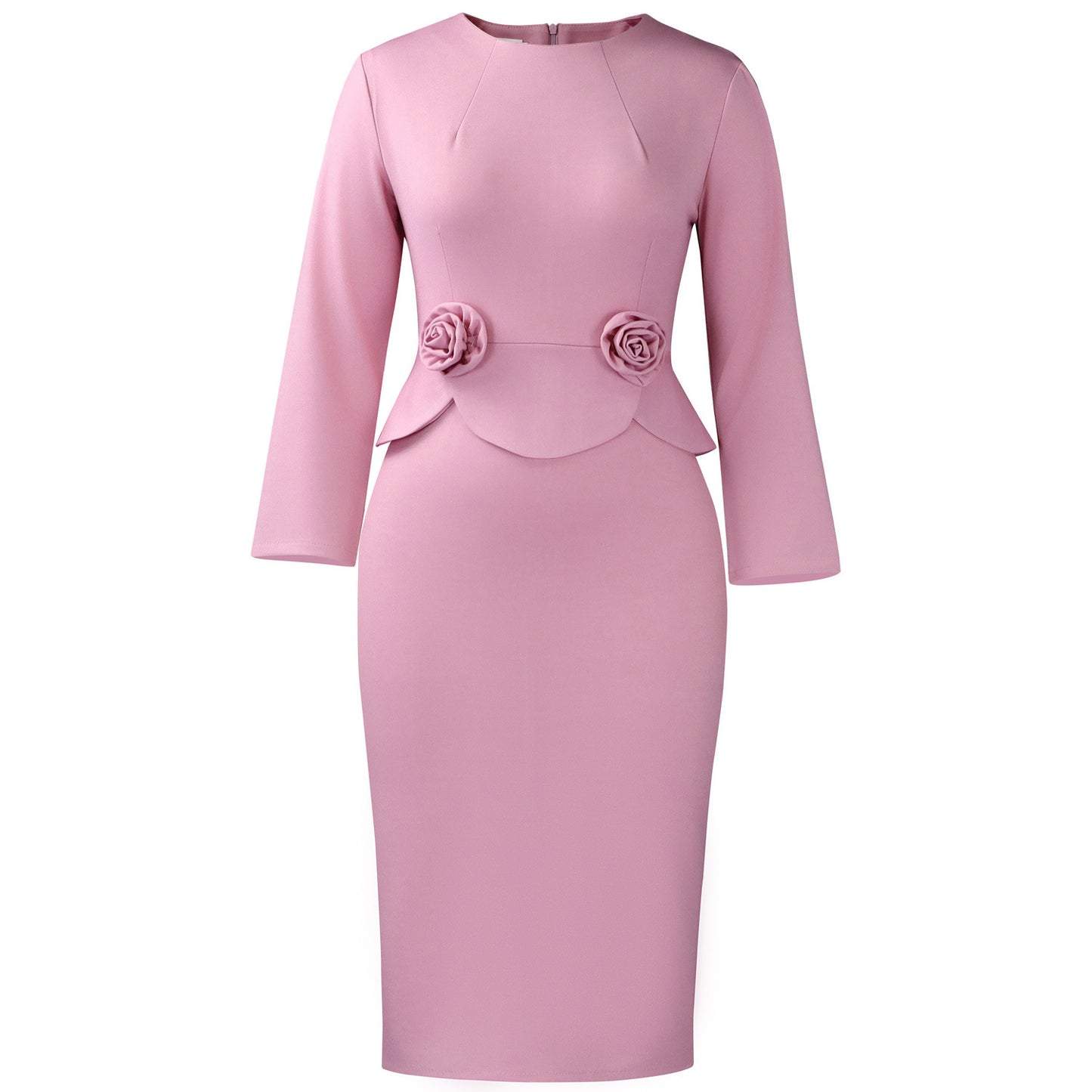Habit :Robe femme à col rond et manches longues, couleur unie, à fleurs en relief