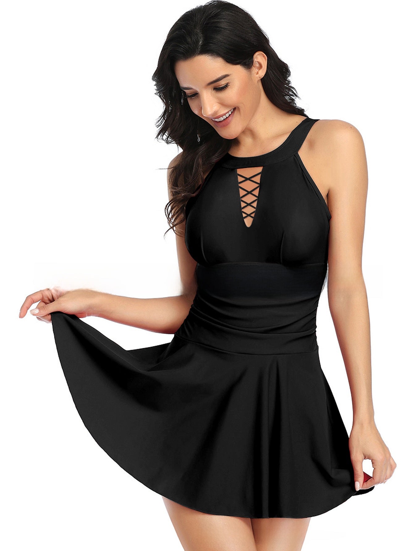 Maillot de bain une pièce grande taille pour femmes avec jupe en maille