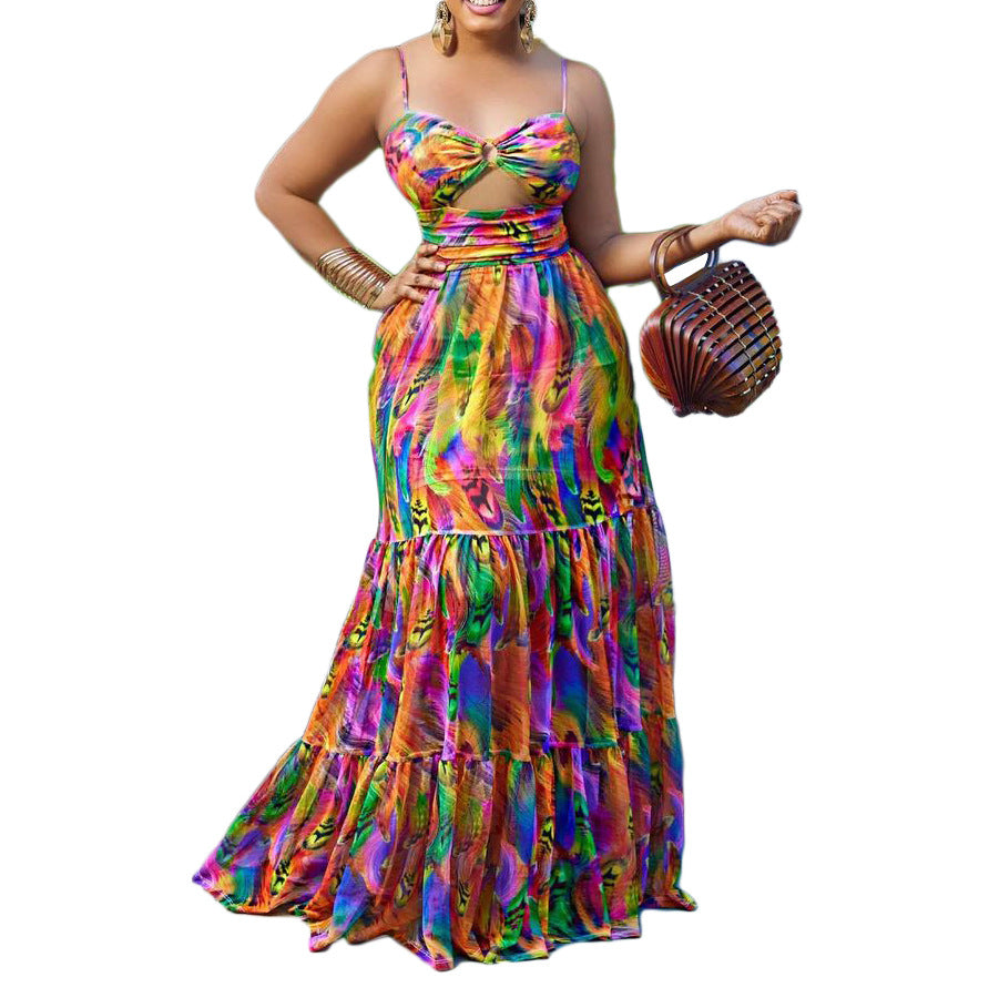 Robe longue dos nu à bretelles imprimées à fleurs