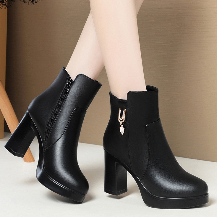 Bottes d'hiver à talons épais pour femmes avec doublure en peluche