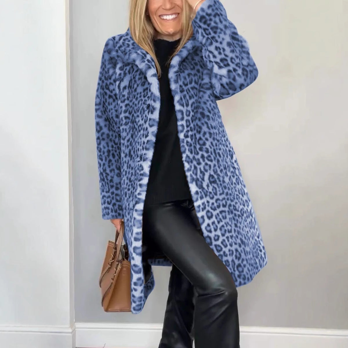 Manteau mi-long en peluche à imprimé léopard style western tendance automne/hiver