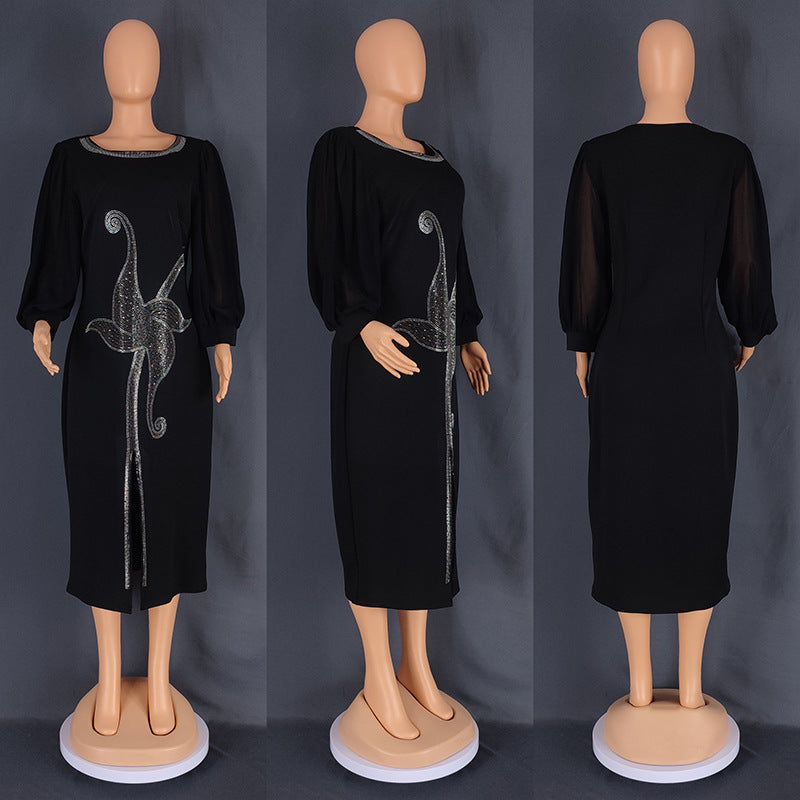 Robe à col rond et manches en résille