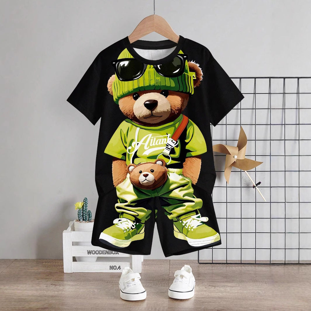 T-shirt à manches courtes et short pour garçon avec motif tête  et ours.