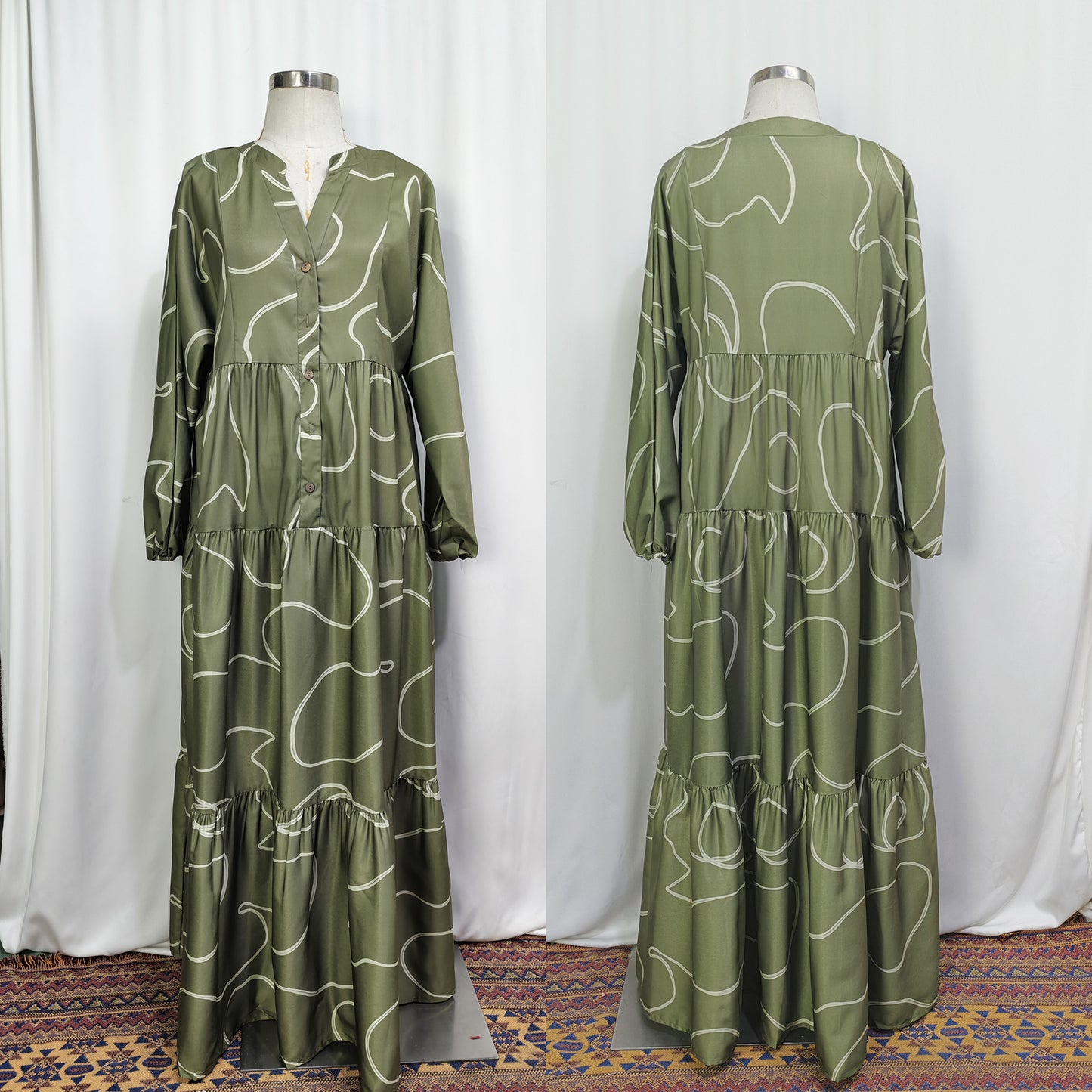 Robe longue ample patchwork imprimée à col en V
