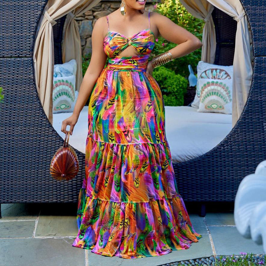 Robe longue dos nu à bretelles imprimées à fleurs