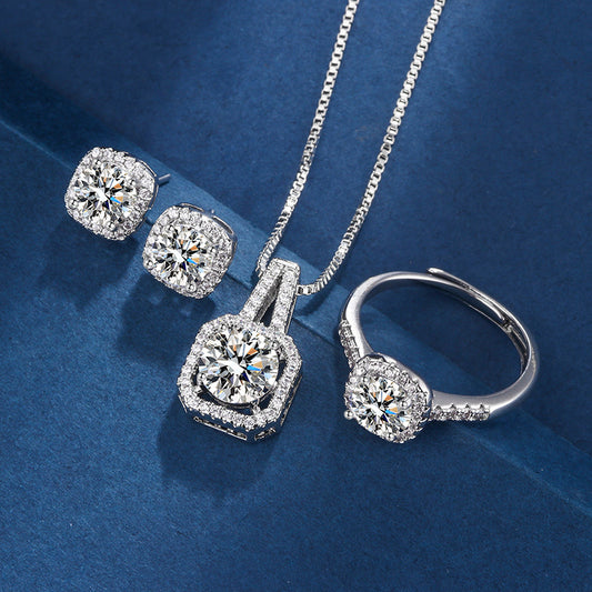 Parure de luxe carrée en zircon (bague, boucles d'oreilles et collier)
