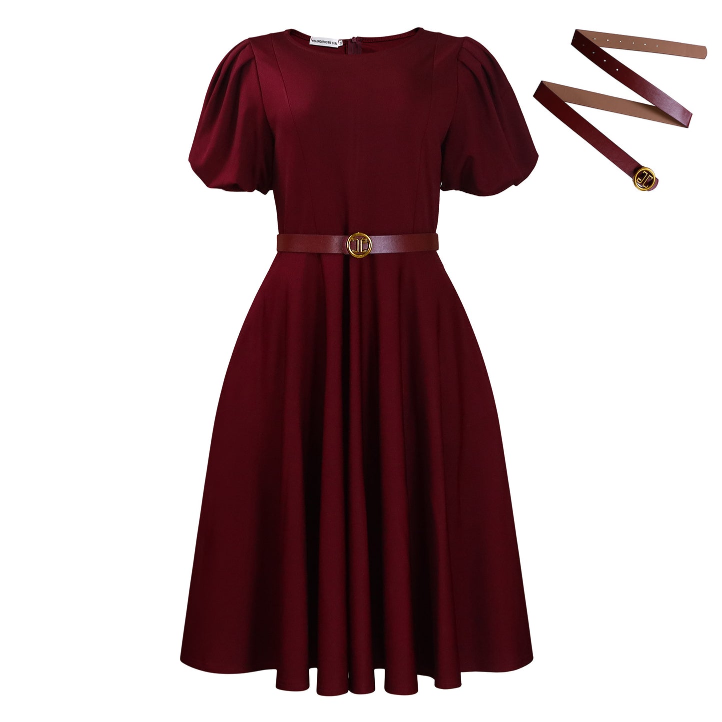 Robe élégante trapèze à manches bouffantes avec ceinture