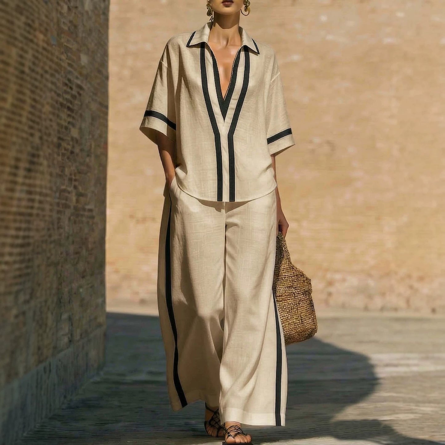 Ensemble chemise collage décontractée et pantalon à jambes larges