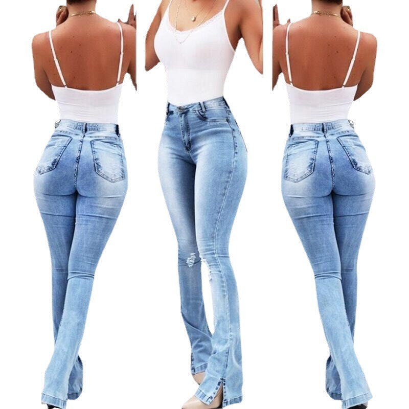 Jean évasé taille haute élastique pour femmes