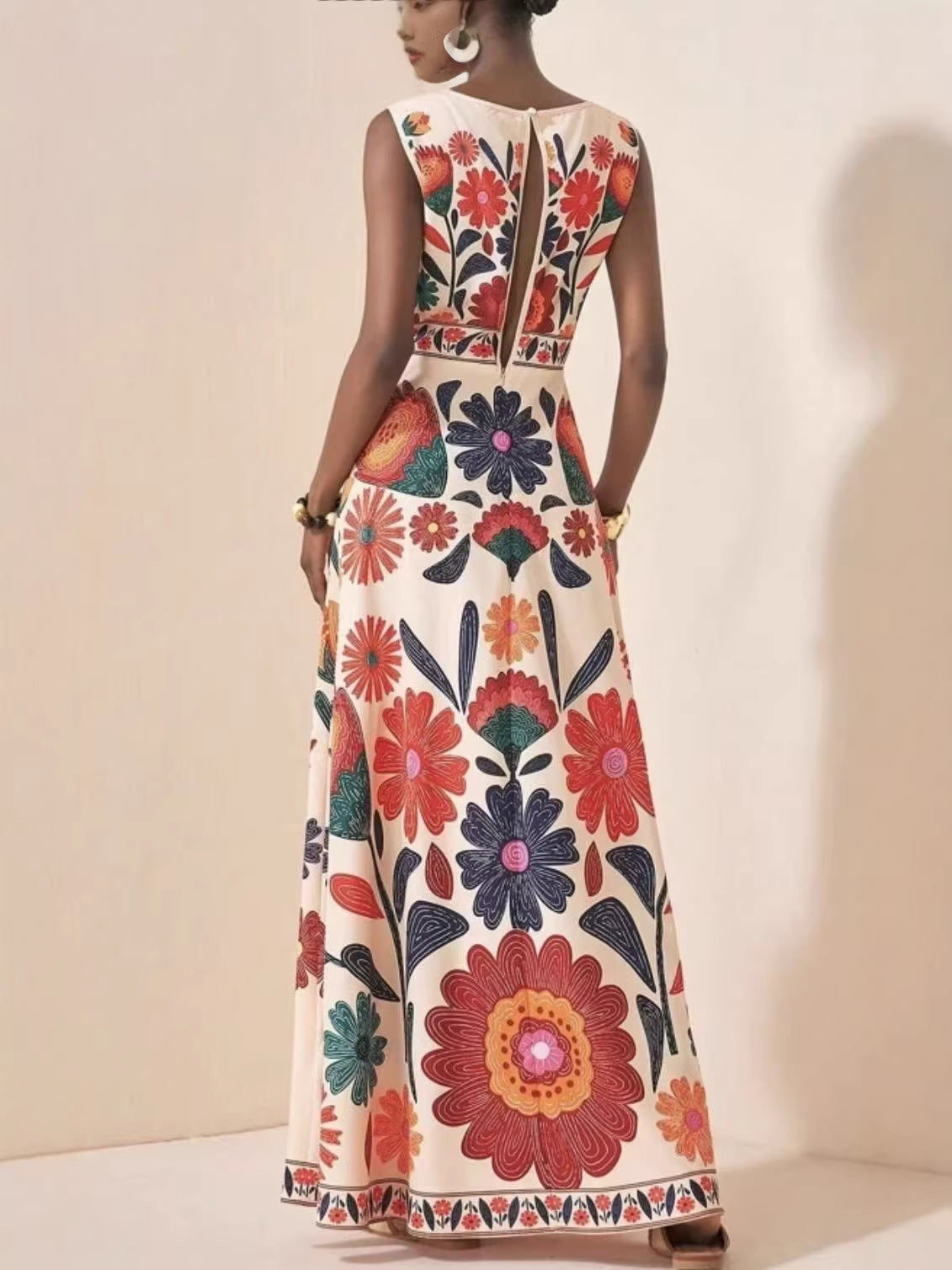 Habit ;Robe longue bohème imprimée sans manches