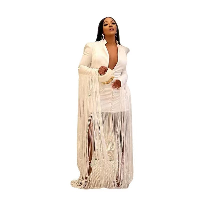 Habit :Robe moulante sexy à décolleté plongeant et manches longues à franges pour femme