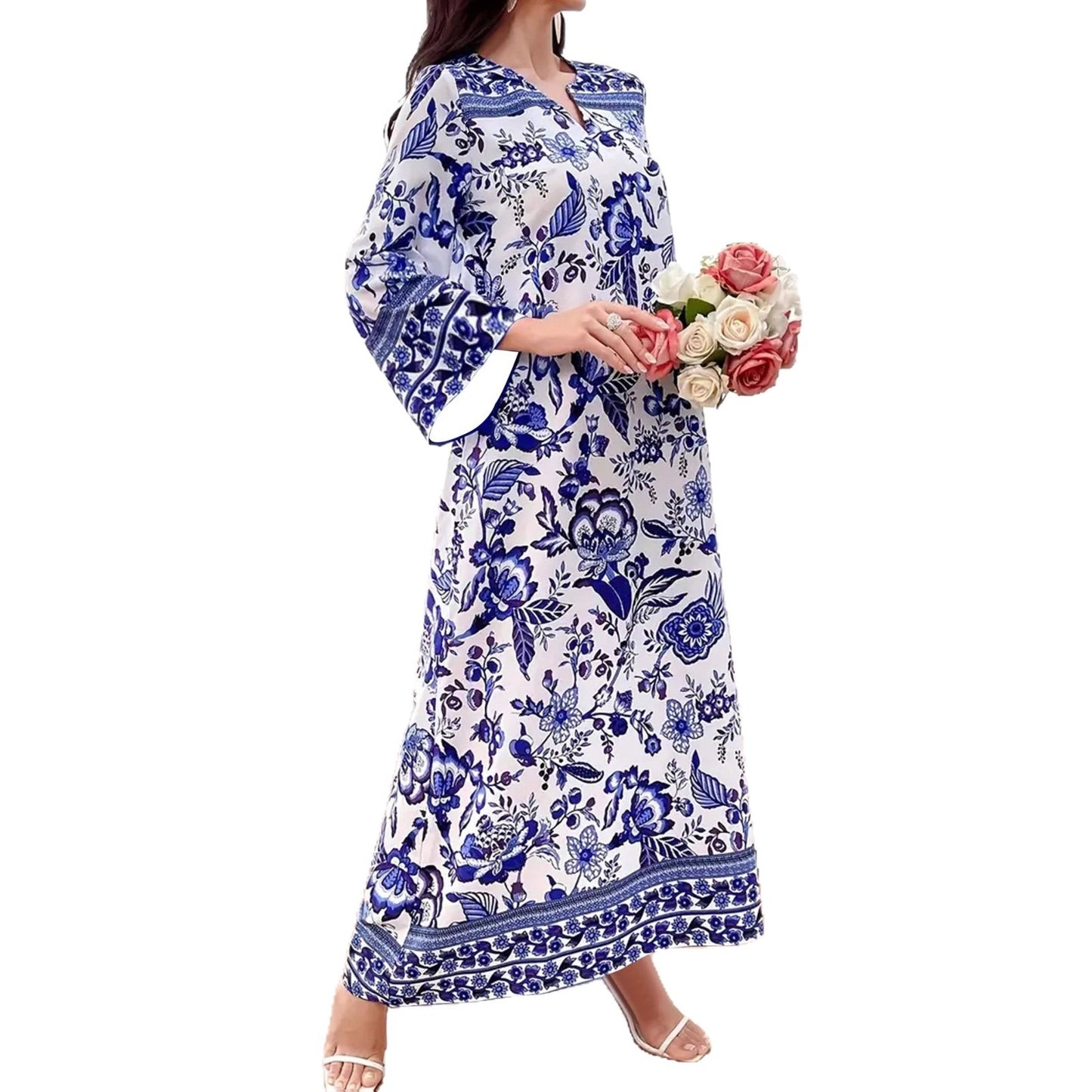 Robe a manches longues brodee a imprime geometrique retro
