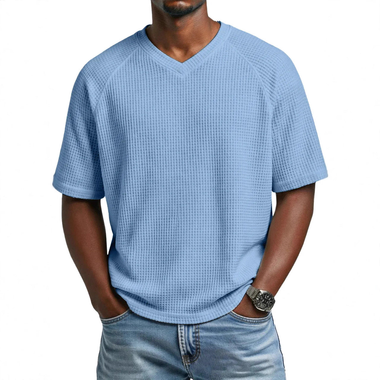 T-shirt pour hommes à col en V, manches courtes, tricoté et tendance