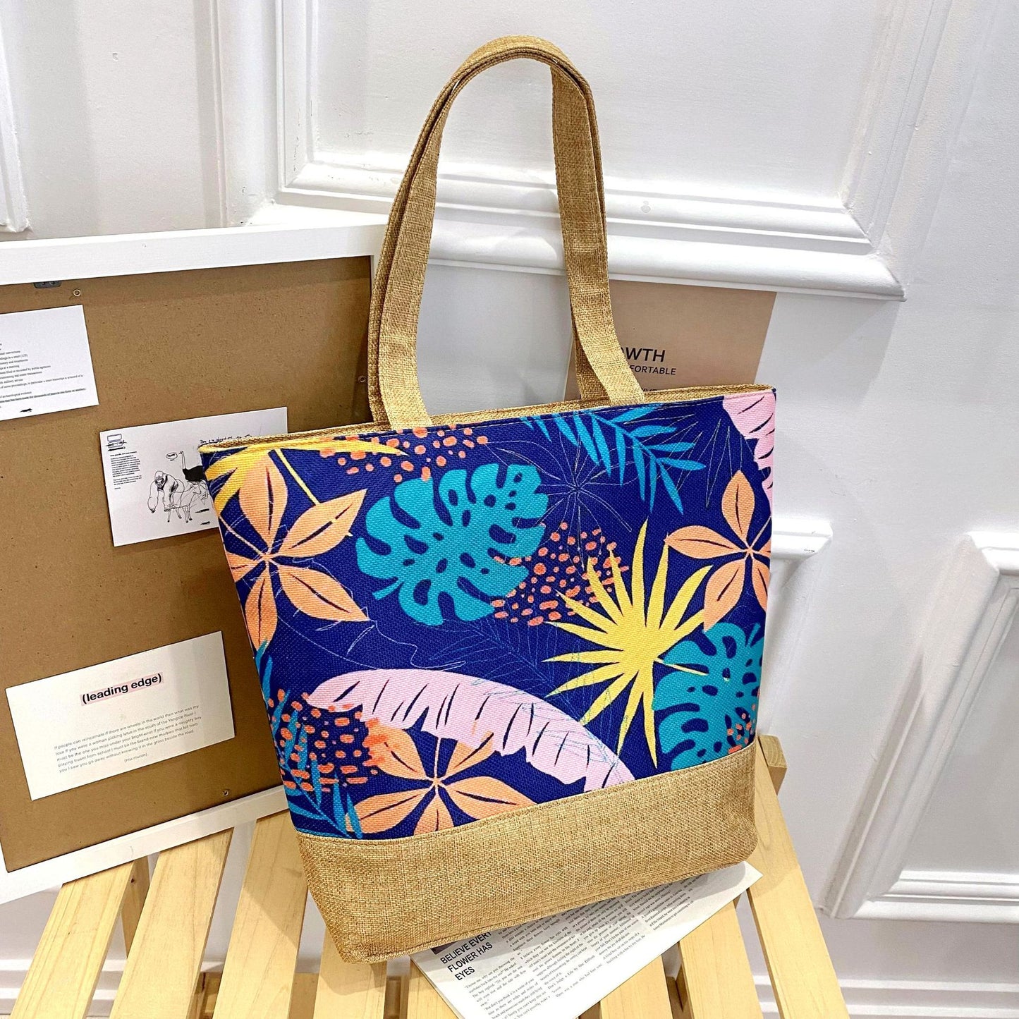 Sac fourre-tout artistique en coton et lin avec fermeture éclair