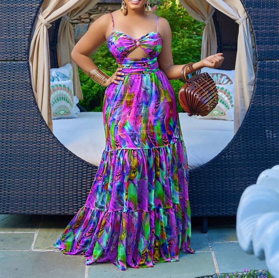 Robe longue dos nu à bretelles imprimées à fleurs
