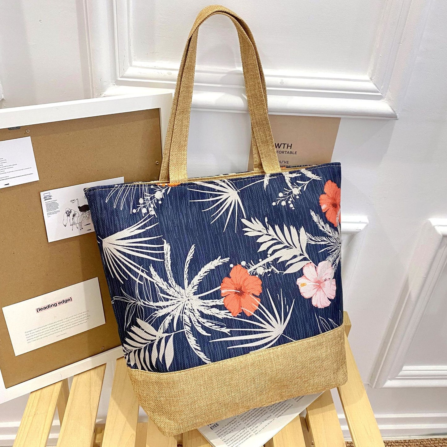 Sac fourre-tout artistique en coton et lin avec fermeture éclair