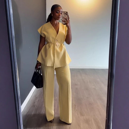 Haut sans manches a col en V pour femme et pantalon a jambes larges