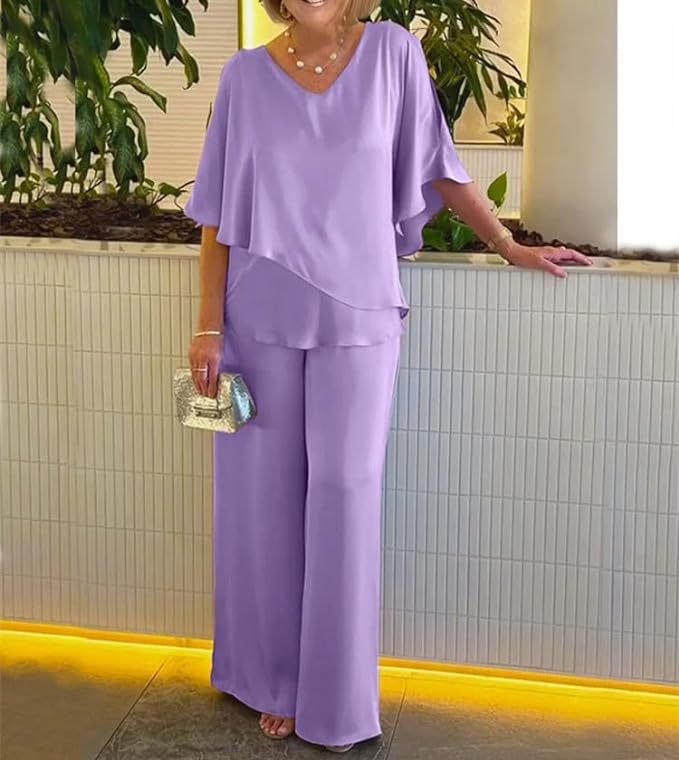Ensemble décontracté grande taille à col en V, couleur unie, ourlet asymétrique