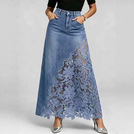 Jupe midi en jean à bordure en dentelle