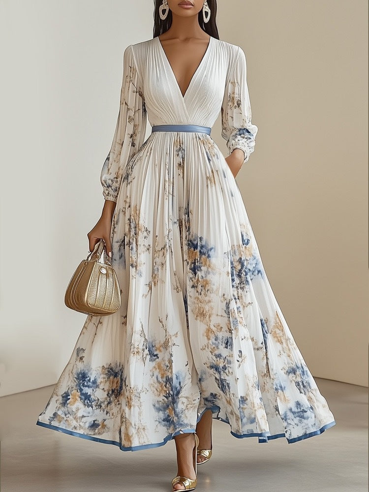 Robe longue à manches longues pour femmes avec col en V et plis
