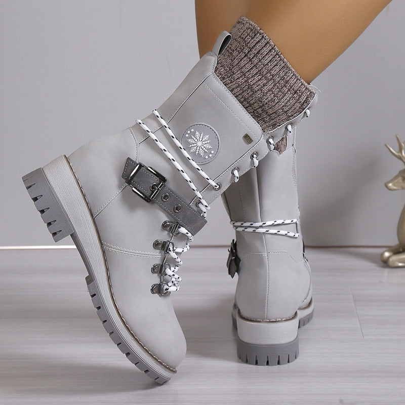 Bottes d'hiver pour femmes doublées de fourrure, chaudes, montantes, à lacets