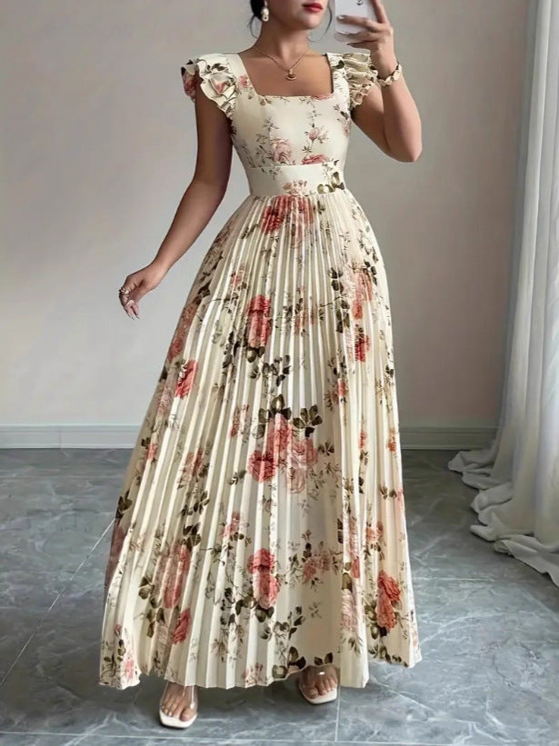 Robe plissée à manches volantées et encolure carrée fleurie