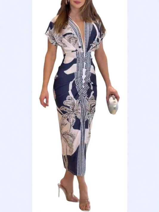 Robe imprimee a col en V et fente pour femme