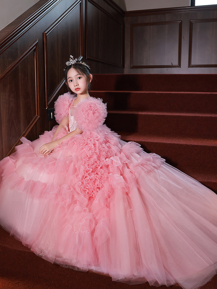 Robe de spectacle pour filles en lin rose