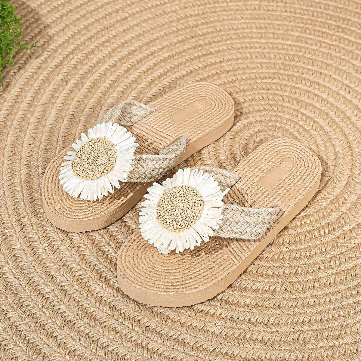 Tongs plates en lin tournesol Sandales de plage décontractées