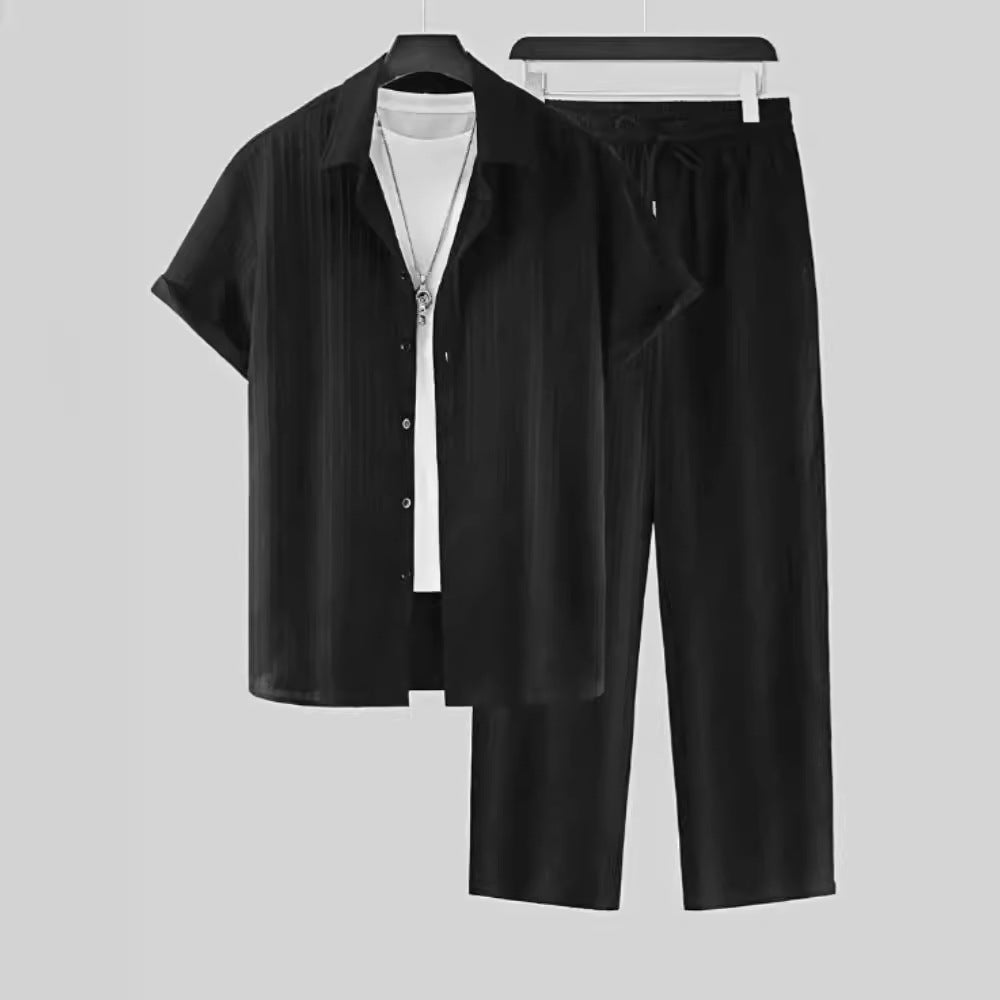 Chemise à manches courtes rayée pour hommes et pantalon ensemble décontracté
