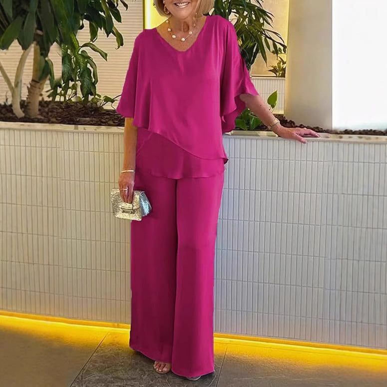 Ensemble décontracté grande taille à col en V, couleur unie, ourlet asymétrique
