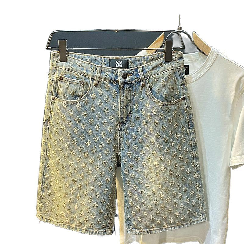 Shorts en denim de style américain 2024 pour hommes, été, coupe droite ample, déchirés, jacquard, haut de gamme, pantalon mi-long