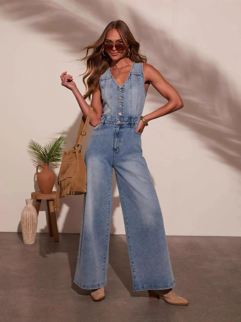 Combinaison en jean pour femmes, sans manches, col en V