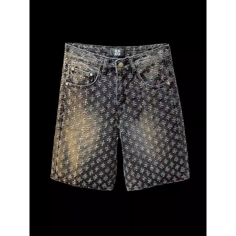 Shorts en denim de style américain 2024 pour hommes, été, coupe droite ample, déchirés, jacquard, haut de gamme, pantalon mi-long