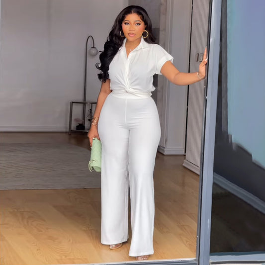 Habit :Ensemble chemise à manches courtes et pantalon taille haute uni pour femme