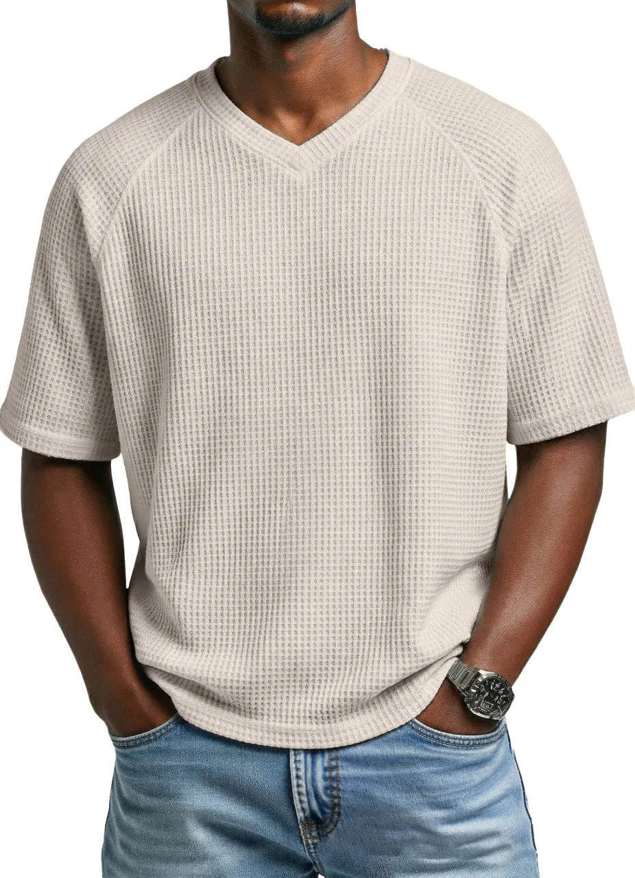 T-shirt pour hommes à col en V, manches courtes, tricoté et tendance